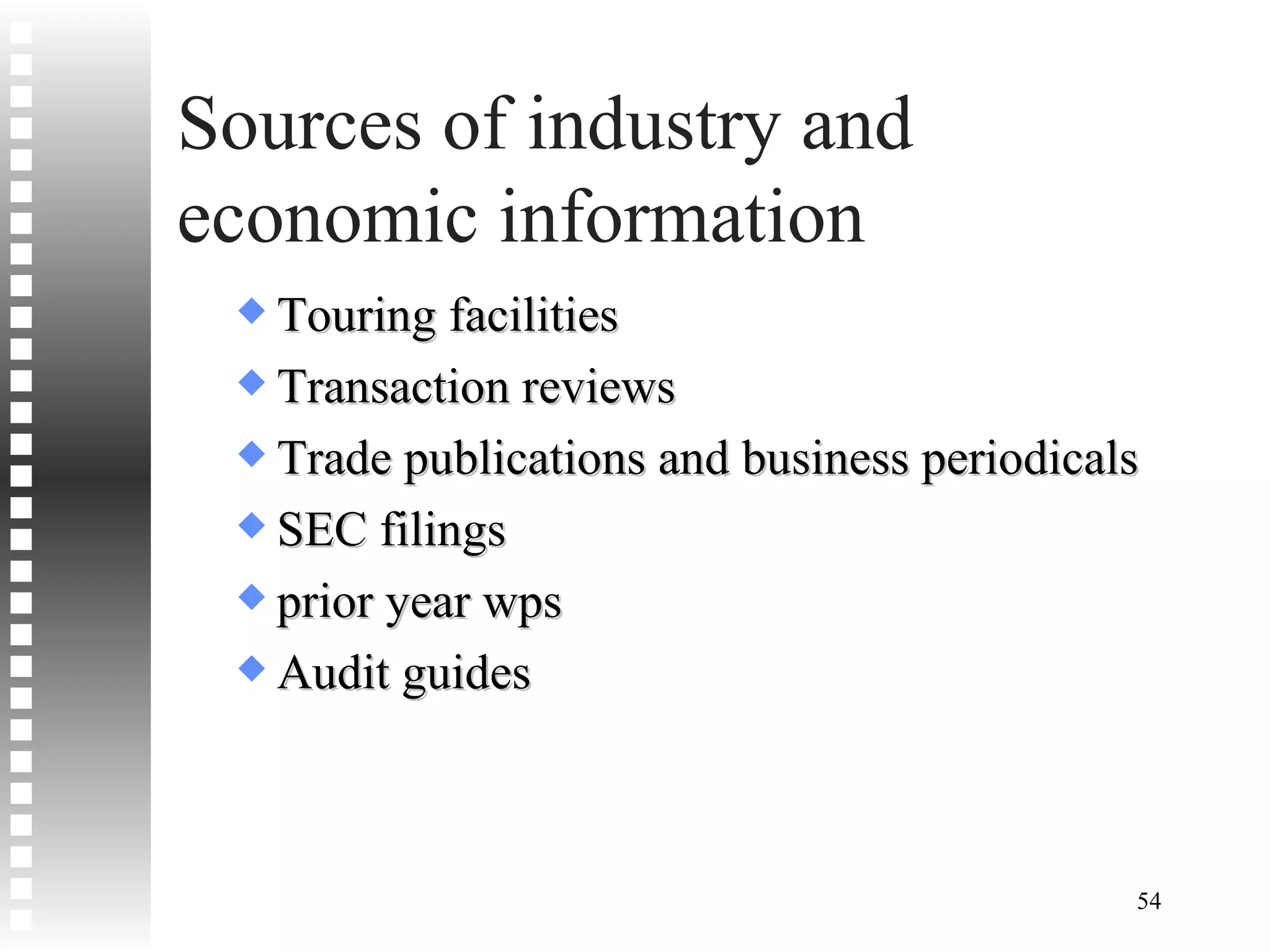 Sources of industry and economic information Touring facilities Transaction reviews Trade publications and business periodicals SEC filings prior year wps Audit guides 