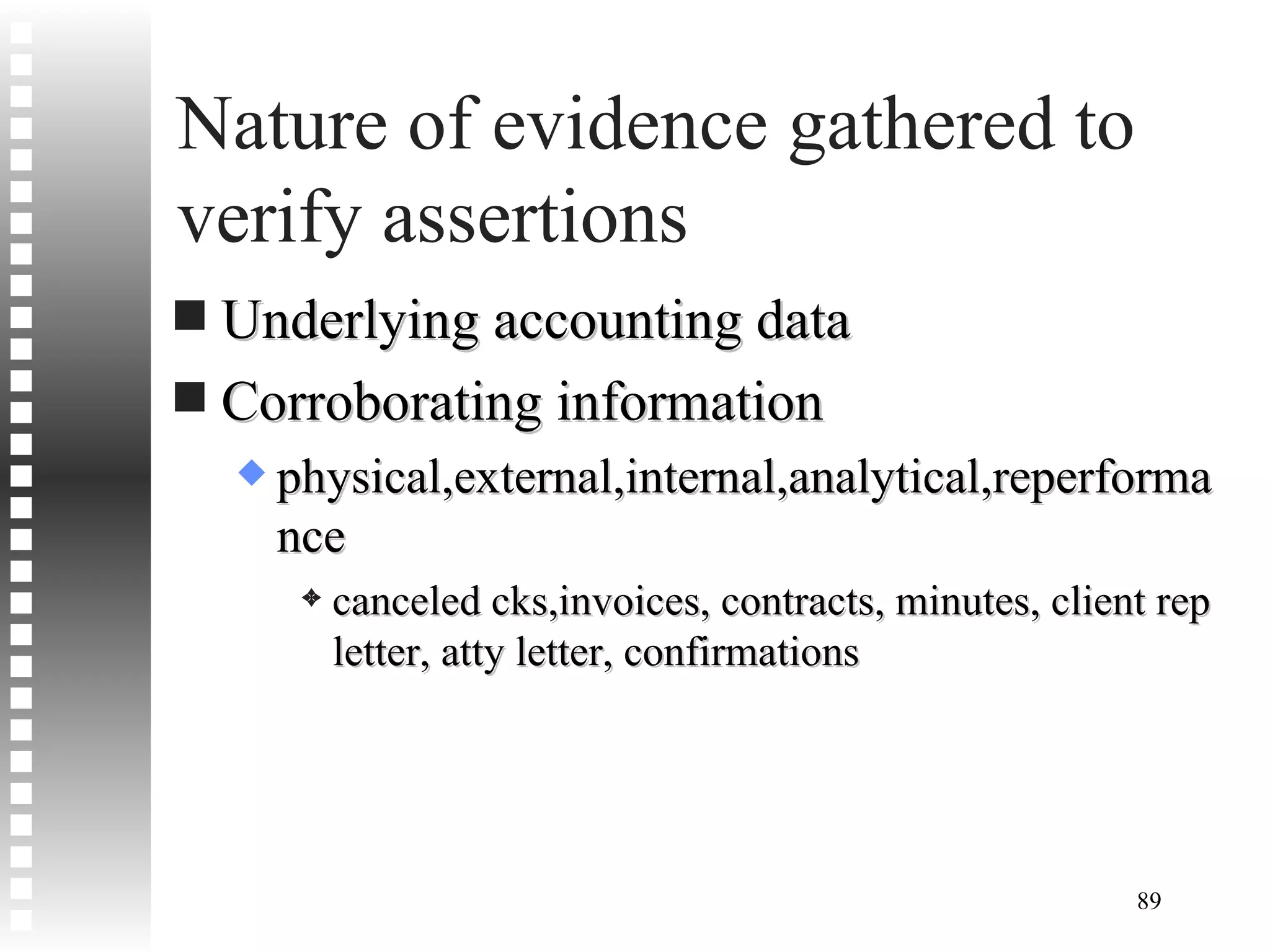 Nature of evidence gathered to verify assertions Underlying accounting data Corroborating information physical,external,internal,analytical,reperformance canceled cks,invoices, contracts, minutes, client rep letter, atty letter, confirmations 