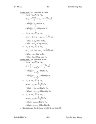 LT XSTK                                         - 10 -           Tóm tắt công thức


     Trường hợp 2. (  chưa biết, n  30 )
         H o :   o , H1 :   o
                      1               x  o
            ( z )        z  , z         . n
                       2                   s
                  2                      2
              - Nếu z  z  : Bác bỏ Ho.
                             2
              - Nếu z  z  : Chấp nhận Ho.
                             2
             H o :   o , H1 :   o
                                                x  o
               ( z )  0, 5    z , z           . n
                                                   s
           - Nếu z   z : Bác bỏ Ho.
           - Nếu z   z : Chấp nhận Ho.
         H o :   o , H1 :   o
                                              x  o
            ( z )  0, 5    z , z            . n
                                                 s
           - Nếu z  z : Bác bỏ Ho.
           - Nếu z  z : Chấp nhận Ho.
     Trường hợp 3. (  chưa biết, n<30)
         H o :   o , H1 :   o
                                        x  o
             t                 ,t         . n
                  2       ( n 1; )         s
                                  2
              - Nếu t  t           :   Bác bỏ Ho.
                            ( n 1; )
                                   2
              - Nếu t  t           :   Chấp nhận Ho.
                            ( n 1; )
                                   2
              H o :   o , H1 :   o
                                    x  o
                t( n1;) ,t           . n
                                       s
              - Nếu t  t( n1; ) : Bác bỏ Ho.
              - Nếu t  t( n1; ) : Chấp nhận Ho.
              H o :   o , H1 :   o
                                    x  o
                t( n1;) ,t           . n
                                       s
              - Nếu t  t( n 1; ) : Bác bỏ Ho.
              - Nếu t  t( n1;) : Chấp nhận Ho.
     b) Kiểm định giả thuyết thống kê về tỉ lệ của tổng thể.



ĐHNH TPHCM                                      - 10 -         Nguyễn Ngọc Phụng
 