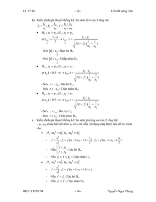 LT XSTK                                         - 14 -                              Tóm tắt công thức


     b) Kiểm định giả thuyết thống kê: So sánh tỉ lệ của 2 tổng thể.
              k          k       k k
         f1  1 , f 2  2 , f  1 2
              n1         n2      n1  n2
         H o : p1  p2 ,H1 : p1  p2
                        1                       f1  f 2
              ( z )         z  , z 
                          2                             1 1
                  2               2         f (1  f ).(  )
                                                        n 1 n2
              - Nếu z  z  : Bác bỏ Ho.
                             2
              - Nếu z  z  : Chấp nhận Ho.
                             2
             H o : p1  p2 ,H1 : p1  p2
                                                        f1  f 2
               ( z )  0, 5    z , z 
                                                              1 1
                                                  f (1  f ).(  )
                                                              n 1 n2
              - Nếu z   z : Bác bỏ Ho.
              - Nếu z   z : Chấp nhận Ho.
              H o : p1  p2 ,H1 : p1  p2
                                                        f1  f 2
               ( z )  0, 5    z , z 
                                                              1 1
                                                  f (1  f ).(  )
                                                              n 1 n2
            - Nếu z  z : Bác bỏ Ho.
            - Nếu z  z : Chấp nhận Ho.
     c. Kiểm định giả thuyết thống kê: So sánh phương sai của 2 tổng thể.
        - 1, 2 chưa biết nên tính s1 và s2 từ mẫu (sử dụng máy tính) nếu đề bài chưa
        cho.
             H o : 12  2 ,H1 :12  2
                             2               2

                              2
                             s1                                                             
                  -    f     2
                                  , f1  f (n1  1; n2  1;1  ), f 2  f (n1  1; n2  1; )
                             s2                                2                             2
                           f  f1
                  -   Nếu         : Bác bỏ Ho.
                           f  f2
                  -   Nếu f1  f  f 2 : Chấp nhận Ho.
                 H o : 12  2 ,H1 :12   2
                               2                2

                              2
                             s1
                  -    f  2
                             , f1  f (n1  1; n2  1;1   )
                         s2
                  -   Nếu f  f1 : Bác bỏ Ho.
                  -   Nếu f1  f : Chấp nhận Ho.


ĐHNH TPHCM                                      - 14 -                           Nguyễn Ngọc Phụng
 