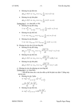 LT XSTK                                       -8-                                      Tóm tắt công thức


             Khoảng tin cậy bên trái.
                                                         s
               ( z )  0,5    z    z .             ; x  )
                                                          n
             Khoảng tin cậy bên phải.
                                                         s
               ( z )  0,5    z    z .              x   )
                                                          n
     Trường hợp 3. (  chưa biết, n<30)
         Khoảng tin cậy đối xứng.
                                                  s
           1    t            t          .      x  ; x  )
                    2    ( n 1; )      ( n 1; )   n
                                2              2
             Khoảng tin cậy bên trái.
                                                            s
              1      t( n1; )    t( n1;) .          ; x  )
                                                             n
             Khoảng tin cậy bên phải.
                                                            s
              1      t( n1; )    t( n1;) .           x  ;  )
                                                             n
     b) Khoảng tin cậy cho tỉ lệ của tổng thể.
         Khoảng tin cậy đối xứng.
                      1                     f (1  f )
            ( z )        z    z  .                f  ; f  )
                       2                          n
                   2                2           2
             Khoảng tin cậy bên trái.
                                                          f (1  f )
               ( z )  0,5    z    z .                        ; f  )
                                                                n
             Khoảng tin cậy bên phải.
                                                          f (1  f )
               ( z )  0,5    z    z .        f  )
                                                 n
     c) Khoảng tin cậy cho phương sai của tổng thể.
     Trường hợp 1. (  chưa biết)
             - Nếu đề bài chưa cho s mà cho mẫu cụ thể thì phải xác định s2 (bằng máy
       tính bỏ túi).
          Khoảng tin cậy 2 phía.
               1   2
                     2               2
                                , 2  
                                          2
                                             
                            ( n 1;1 )             ( n 1; )
                                     2                     2
                 (n  1) s 2 (n  1)s 2
              (            ;           )
                    22         12

             Khoảng tin cậy bên trái.
                                              (n  1) s 2
                1   2( n1;1)  (0;
                   2
                                                     2
                                                            )
                                                    1




ĐHNH TPHCM                                    -8-                                  Nguyễn Ngọc Phụng
 