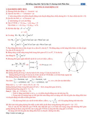 Http://violet.vn/vudat_gv
4Hệ thống công thức Vật Lý lớp 12 chương trình Phân Ban
CHƢƠNG II: DAO ĐỘNG CƠ
I. DAO ĐỘNG ĐIỀU HOÀ
1. Phương trình dao động: x = Acos(t + )
2. Vận tốc tức thời: v = -Asin(t + )
v luôn cùng chiều với chiều chuyển động (vật chuyển động theo chiều dương thì v>0, theo chiều âm thì v<0)
3. Gia tốc tức thời: a = -2
Acos(t + )
a luôn hướng về vị trí cân bằng
4. Vật ở VTCB: x = 0; vMax = A; aMin = 0
Vật ở biên: x = ±A; vMin = 0; aMax = 2
A
5. Hệ thức độc lập: 2 2 2
( )
v
A x

 
a = -2
x
6. Cơ năng: 2 2
đ
1
W W W
2
t m A  
Với 2 2 2 2 2
đ
1 1
W sin ( ) Wsin ( )
2 2
mv m A t t        
2 2 2 2 2 21 1
W ( ) W s ( )
2 2
t m x m A cos t co t         
7. Dao động điều hoà có tần số góc là , tần số f, chu kỳ T. Thì động năng và thế năng biến thiên với tần số góc
2, tần số 2f, chu kỳ T/2
8. Động năng và thế năng trung bình trong thời gian nT/2 ( nN*
, T là chu kỳ
dao động) là: 2 2W 1
2 4
m A
9. Khoảng thời gian ngắn nhất để vật đi từ vị trí có li độ x1 đến x2
2 1
t
 
 

   với
1
1
2
2
s
s
x
co
A
x
co
A





 

và ( 1 20 ,    )
10. Chiều dài quỹ đạo: 2A
11. Quãng đường đi trong 1 chu kỳ luôn là 4A; trong 1/2 chu kỳ luôn là 2A
Quãng đường đi trong l/4 chu kỳ là A khi vật đi từ VTCB đến vị trí biên hoặc ngược lại
12. Quãng đường vật đi được từ thời điểm t1 đến t2.
Xác định:
1 1 2 2
1 1 2 2
Acos( ) Acos( )
à
sin( ) sin( )
x t x t
v
v A t v A t
   
     
    
 
      
(v1 và v2 chỉ cần xác định dấu)
Phân tích: t2 – t1 = nT + t (n N; 0 ≤ t < T)
Quãng đường đi được trong thời gian nT là S1 = 4nA, trong thời gian t là S2.
Quãng đường tổng cộng là S = S1 + S2
Lưu ý: + Nếu t = T/2 thì S2 = 2A
+ Tính S2 bằng cách định vị trí x1, x2 và chiều chuyển động của vật trên trục Ox
+ Trong một số trường hợp có thể giải bài toán bằng cách sử dụng mối liên hệ giữa dao động điều hoà
và chuyển động tròn đều sẽ đơn giản hơn.
+ Tốc độ trung bình của vật đi từ thời điểm t1 đến t2:
2 1
tb
S
v
t t


với S là quãng đường tính như trên.
13. Bài toán tính quãng đường lớn nhất và nhỏ nhất vật đi được trong khoảng thời gian 0 < t < T/2.
Vật có vận tốc lớn nhất khi qua VTCB, nhỏ nhất khi qua vị trí biên nên trong cùng một khoảng thời gian
quãng đường đi được càng lớn khi vật ở càng gần VTCB và càng nhỏ khi càng gần vị trí biên.
Sử dụng mối liên hệ giữa dao động điều hoà và chuyển đường tròn đều.
A
-A
x1x2
M2 M1
M'1
M'2
O


 