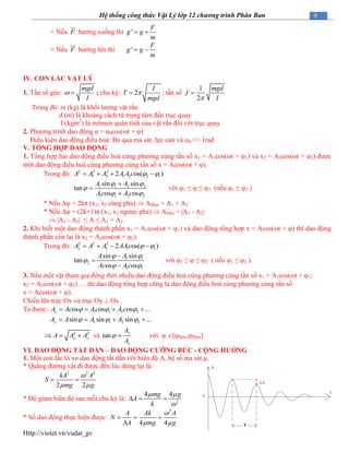 Http://violet.vn/vudat_gv
9Hệ thống công thức Vật Lý lớp 12 chương trình Phân Ban
+ Nếu F hướng xuống thì '
F
g g
m
 
+ Nếu F hướng lên thì '
F
g g
m
 
IV. CON LẮC VẬT LÝ
1. Tần số góc:
mgd
I
  ; chu kỳ: 2
I
T
mgd
 ; tần số
1
2
mgd
f
I

Trong đó: m (kg) là khối lượng vật rắn
d (m) là khoảng cách từ trọng tâm đến trục quay
I (kgm2
) là mômen quán tính của vật rắn đối với trục quay
2. Phương trình dao động α = α0cos(t + )
Điều kiện dao động điều hoà: Bỏ qua ma sát, lực cản và 0 << 1rad
V. TỔNG HỢP DAO ĐỘNG
1. Tổng hợp hai dao động điều hoà cùng phương cùng tần số x1 = A1cos(t + 1) và x2 = A2cos(t + 2) được
một dao động điều hoà cùng phương cùng tần số x = Acos(t + ).
Trong đó: 2 2 2
1 2 1 2 2 12 os( )A A A A A c     
1 1 2 2
1 1 2 2
sin sin
tan
os os
A A
Ac A c
 

 



với 1 ≤  ≤ 2 (nếu 1 ≤ 2 )
* Nếu  = 2kπ (x1, x2 cùng pha)  AMax = A1 + A2
` * Nếu  = (2k+1)π (x1, x2 ngược pha)  AMin = A1 - A2
 A1 - A2 ≤ A ≤ A1 + A2
2. Khi biết một dao động thành phần x1 = A1cos(t + 1) và dao động tổng hợp x = Acos(t + ) thì dao động
thành phần còn lại là x2 = A2cos(t + 2).
Trong đó: 2 2 2
2 1 1 12 os( )A A A AAc     
1 1
2
1 1
sin sin
tan
os os
A A
Ac Ac
 

 



với 1 ≤  ≤ 2 ( nếu 1 ≤ 2 )
3. Nếu một vật tham gia đồng thời nhiều dao động điều hoà cùng phương cùng tần số x1 = A1cos(t + 1;
x2 = A2cos(t + 2) … thì dao động tổng hợp cũng là dao động điều hoà cùng phương cùng tần số
x = Acos(t + ).
Chiếu lên trục Ox và trục Oy  Ox .
Ta được: 1 1 2 2os os os ...xA Ac Ac A c     
1 1 2 2sin sin sin ...yA A A A     
2 2
x yA A A   và tan
y
x
A
A
  với  [Min;Max]
VI. DAO ĐỘNG TẮT DẦN – DAO ĐỘNG CƢỠNG BỨC - CỘNG HƢỞNG
1. Một con lắc lò xo dao động tắt dần với biên độ A, hệ số ma sát µ.
* Quãng đường vật đi được đến lúc dừng lại là:
2 2 2
2 2
kA A
S
mg g

 
 
* Độ giảm biên độ sau mỗi chu kỳ là: 2
4 4mg g
A
k
 

  
* Số dao động thực hiện được:
2
4 4
A Ak A
N
A mg g

 
  
 T

x
t
O
 