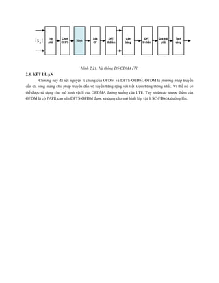 {x }n
Hình 2.21. Hệ thống DS-CDMA [7].
2.4. KẾT LUẬN
Chương này đã xét nguyên lí chung của OFDM và DFTS-OFDM. OFDM là phương pháp truyền
dẫn đa sóng mang cho phép truyền dẫn vô tuyến băng rộng với tiết kiệm băng thông nhất. Vì thế nó có
thể được sử dụng cho mô hình vật lí của OFDMA đường xuống của LTE. Tuy nhiên do nhược điểm của
OFDM là có PAPR cao nên DFTS-OFDM được sử dụng cho mô hình lớp vật lí SC-FDMA đường lên.
 