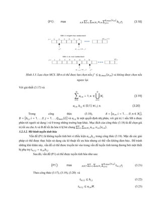 (P1): max , ∑ ∑ ,∈ ∑ ,
, ( , )
(3.18)
Hình 3.3. Lựa chọn MCS. SB n có thể được lựa chọn nếu ∗
≤ , ( , ) và không được chọn nếu
ngược lại.
Với giả thiết (3.17) và
, = 1, ∈ (3.19)
, , , ∈ {0,1}, ∀ , , . (3.20)
Trong công thức (3.18), = , , = 1, … , , ∈ ,
= , , = 1, … , , = 1, … , ( ) và , là một quyết định nhị phân, với giá trị 1 nếu SB n được
phân tới người sử dụng i và 0 trong những trường hợp khác. Mục đích của công thức (3.18) là để chọn giá
trị tối ưu cho A và B để tối đa hóa tỉ lệ bit chung ∑ ∑ , , , ( , )∈ .
3.2.3.2. Mô hình tuyến tính hóa
Vấn đề (P1) là không tuyến tính bởi vì điều kiện , , trong công thức (3.18). Mặc dù các giải
pháp có thể được thực hiện sử dụng các kĩ thuật tối ưu hóa nhưng có thể vẫn không đảm bảo.. Để tránh
những khó khăn này, vấn đề có thể đươc truyền tải vào trong vấn đề tuyến tính tương đương bởi một thiết
bị phụ trợ , , = , ,
Sau đó, vấn đề (P1) có thể được tuyến tính hóa như sau:
P1′
: max , , ∑ ∑ ∑ , ,
, ( , )
∈ (3.21)
Theo công thức (3.17), (3.19), (3.20) và
, , ≤ , , (3.22)
, , ≤ , , (3.23)
 