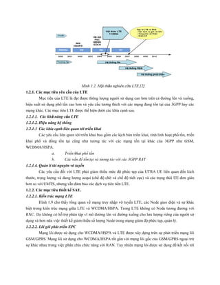 Hình 1.2. Hội thảo nghiên cứu LTE [2]
1.2.1. Các mục tiêu yêu cầu của LTE
Mục tiêu của LTE là đạt được thông lượng người sử dụng cao hơn trên cả đường lên và xuống,
hiệu suất sử dụng phổ tần cao hơn và yêu cầu tương thích với các mạng đang tồn tại của 3GPP hay các
mạng khác. Các mục tiêu LTE được thể hiện dưới các khía cạnh sau.
1.2.1.1. Các khả năng của LTE
1.2.1.2. Hiệu năng hệ thống
1.2.1.3 Các khía cạnh liên quan tới triển khai
Các yêu cầu liên quan tới triển khai bao gồm các kịch bản triển khai, tính linh hoạt phổ tần, triển
khai phổ và đồng tồn tại cũng như tương tác với các mạng tồn tại khác của 3GPP như GSM,
WCDMA/HSPA.
a. Triển khai phổ tần
b. Các vấn đề tồn tại và tương tác với các 3GPP RAT
1.2.1.4. Quản lí tài nguyên vô tuyến
Các yêu cầu đối với LTE phải giảm thiểu mức độ phức tạp của UTRA UE liên quan đến kích
thước, trọng lượng và dung lượng acqui (chế độ chờ và chế độ tích cực) và các trạng thái UE đơn giản
hơn so với UMTS, nhưng vẫn đảm bảo các dịch vụ tiên tiến LTE.
1.2.2. Các mục tiêu thiết kế SAE.
1.2.2.1. Kiến trúc mạng LTE
Hình 1.9 cho thấy tổng quan về mạng truy nhập vô tuyến LTE, các Node giao diện và sự khác
biệt trong kiến trúc mạng giữa LTE và WCDMA/HSPA. Trong LTE không có Node tương đương với
RNC. Do không có hỗ trợ phân tập vĩ mô đường lên và đường xuống cho lưu lượng riêng của người sử
dụng và hơn nữa việc thiết kế giảm thiểu số lượng Node trong mạng giảm độ phức tạp, quản lý.
1.2.2.2. Lõi gói phát triển EPC
Mạng lõi được sử dụng cho WCDMA/HSPA và LTE được xây dựng trên sự phát triển mạng lõi
GSM/GPRS. Mạng lõi sử dụng cho WCDMA/HSPA rất gần với mạng lõi gốc của GSM/GPRS ngoại trừ
sự khác nhau trong việc phân chia chức năng với RAN. Tuy nhiên mạng lõi được sử dụng để kết nối tới
 