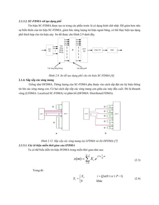 2.1.3.2. SC-FDMA với tạo dạng phổ
Tín hiệu SC-FDMA được tạo ra trong các phần trước là có dạng hình chữ nhật. Để giảm hơn nữa
sự biến thiên của tín hiệu SC-FDMA, giảm bức năng lượng tín hiệu ngoài băng, có thể thực hiện tạo dạng
phổ thích hợp cho tín hiệu này. Sơ đồ được cho Hình 2.9 dưới đây.
Hình 2.9. Sơ đồ tạo dạng phổ cho tín hiệu SC-FDMA [4].
2.1.4. Sắp xếp các sóng mang
Giống như OFDMA, Thông lượng của SC-FDMA phụ thuộc vào cách sắp đặt các ký hiệu thông
tin lên các sóng mang con. Có hai cách sắp xếp các sóng mang con giữa các máy đầu cuối. Đó là khoanh
vùng (LFDMA: Localized SC-FDMA) và phân bố (DFDMA: Distributed FDMA).
Hình 2.12. Sắp xếp các sóng mang (a) LFDMA và (b) DFDMA [7]
2.1.5.1. Các kí hiệu miền thời gian của IFDMA
Ta có thể biểu diễn tín hiệu IFDMA trong miền thời gian như sau:
1 2
0
( ) .
iN j m
N
i
i
x m X e


  (2.3)
Trong đó
. (0 1)
0 khác
n
i
X i Q n n P
X
   
 

(2.4)
 