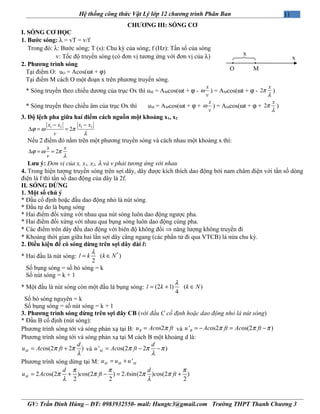 11Hệ thống công thức Vật Lý lớp 12 chương trình Phân Ban
CHƯƠNG III: SÓNG CƠ
I. SÓNG CƠ HỌC
1. Bước sóng: λ = vT = v/f
Trong đó: λ: Bước sóng; T (s): Chu kỳ của sóng; f (Hz): Tần số của sóng
v: Tốc độ truyền sóng (có đơn vị tương ứng với đơn vị của λ)
2. Phương trình sóng
Tại điểm O: uO = Acos(ωt + ϕ)
Tại điểm M cách O một đoạn x trên phương truyền sóng.
* Sóng truyền theo chiều dương của trục Ox thì uM = AMcos(ωt + ϕ -
x
v
ω ) = AMcos(ωt + ϕ - 2
x
π
λ
)
* Sóng truyền theo chiều âm của trục Ox thì uM = AMcos(ωt + ϕ +
x
v
ω ) = AMcos(ωt + ϕ + 2
x
π
λ
)
3. Độ lệch pha giữa hai điểm cách nguồn một khoảng x1, x2
1 2 1 2
2
x x x x
v
ϕ ω π
λ
− −
∆ = =
Nếu 2 điểm đó nằm trên một phương truyền sóng và cách nhau một khoảng x thì:
2
x x
v
ϕ ω π
λ
∆ = =
Lưu ý: Đơn vị của x, x1, x2, λ và v phải tương ứng với nhau
4. Trong hiện tượng truyền sóng trên sợi dây, dây được kích thích dao động bởi nam châm điện với tần số dòng
điện là f thì tần số dao động của dây là 2f.
II. SÓNG DỪNG
1. Một số chú ý
* Đầu cố định hoặc đầu dao động nhỏ là nút sóng.
* Đầu tự do là bụng sóng
* Hai điểm đối xứng với nhau qua nút sóng luôn dao động ngược pha.
* Hai điểm đối xứng với nhau qua bụng sóng luôn dao động cùng pha.
* Các điểm trên dây đều dao động với biên độ không đổi ⇒ năng lượng không truyền đi
* Khoảng thời gian giữa hai lần sợi dây căng ngang (các phần tử đi qua VTCB) là nửa chu kỳ.
2. Điều kiện để có sóng dừng trên sợi dây dài l:
* Hai đầu là nút sóng: *
( )
2
l k k N
λ
= ∈
Số bụng sóng = số bó sóng = k
Số nút sóng = k + 1
* Một đầu là nút sóng còn một đầu là bụng sóng: (2 1) ( )
4
l k k N
λ
= + ∈
Số bó sóng nguyên = k
Số bụng sóng = số nút sóng = k + 1
3. Phương trình sóng dừng trên sợi dây CB (với đầu C cố định hoặc dao động nhỏ là nút sóng)
* Đầu B cố định (nút sóng):
Phương trình sóng tới và sóng phản xạ tại B: os2Bu Ac ftπ= và ' os2 os(2 )Bu Ac ft Ac ftπ π π= − = −
Phương trình sóng tới và sóng phản xạ tại M cách B một khoảng d là:
os(2 2 )M
d
u Ac ftπ π
λ
= + và ' os(2 2 )M
d
u Ac ftπ π π
λ
= − −
Phương trình sóng dừng tại M: 'M M Mu u u= +
2 os(2 ) os(2 ) 2 sin(2 ) os(2 )
2 2 2
M
d d
u Ac c ft A c ft
π π π
π π π π
λ λ
= + − = +
GV: Trần Đình Hùng – ĐT: 0983932550- mail: Hungtc3@gmail.com Trường THPT Thanh Chương 3
O
x
M
x
 