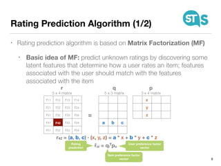 Rating Prediction Algorithm (1/2)
• Rating prediction algorithm is based on Matrix Factorization (MF)
• Basic idea of MF: predict unknown ratings by discovering some
latent features that determine how a user rates an item; features
associated with the user should match with the features
associated with the item
8
r11 r12 r13 r14
r21 r22 r23 r24
r31 r32 r33 r34
r41 r42 r43 r44
r51 r52 r53 r54
a b c
x
y
z=
r q p
5 x 4 matrix 5 x 3 matrix 3 x 4 matrix
r42 = (a, b, c) · (x, y, z) = a * x + b * y + c * z
ȓui = qi
Tpu
Rating
prediction
User preference factor
vector
Item preference factor
vector
 