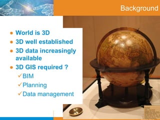 Date
October 2013
Background
● World is 3D
● 3D well established
● 3D data increasingly
available
● 3D GIS required ?
BIM
Planning
Data management
 