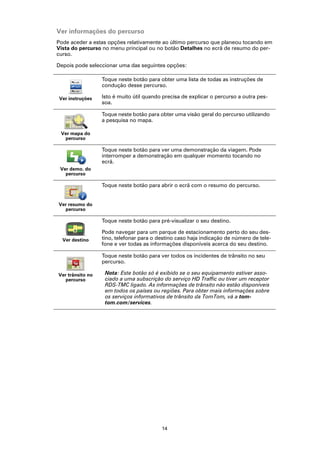 Ver informações do percurso
Pode aceder a estas opções relativamente ao último percurso que planeou tocando em
Vista do percurso no menu principal ou no botão Detalhes no ecrã de resumo do per-
curso.

Depois pode seleccionar uma das seguintes opções:

                  Toque neste botão para obter uma lista de todas as instruções de
                  condução desse percurso.

Ver instruções    Isto é muito útil quando precisa de explicar o percurso a outra pes-
                  soa.

                  Toque neste botão para obter uma visão geral do percurso utilizando
                  a pesquisa no mapa.

 Ver mapa do
  percurso

                  Toque neste botão para ver uma demonstração da viagem. Pode
                  interromper a demonstração em qualquer momento tocando no
                  ecrã.
 Ver demo. do
   percurso

                  Toque neste botão para abrir o ecrã com o resumo do percurso.


Ver resumo do
  percurso

                  Toque neste botão para pré-visualizar o seu destino.

                  Pode navegar para um parque de estacionamento perto do seu des-
  Ver destino     tino, telefonar para o destino caso haja indicação de número de tele-
                  fone e ver todas as informações disponíveis acerca do seu destino.

                  Toque neste botão para ver todos os incidentes de trânsito no seu
                  percurso.

Ver trânsito no    Nota: Este botão só é exibido se o seu equipamento estiver asso-
   percurso        ciado a uma subscrição do serviço HD Traffic ou tiver um receptor
                   RDS-TMC ligado. As informações de trânsito não estão disponíveis
                   em todos os países ou regiões. Para obter mais informações sobre
                   os serviços informativos de trânsito da TomTom, vá a tom-
                   tom.com/services.




                                          14
 