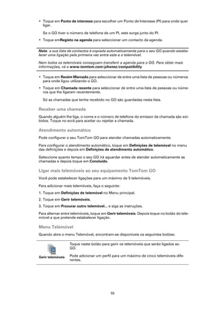 • Toque em Ponto de interesse para escolher um Ponto de Interesse (PI) para onde quer
  ligar.

  Se o GO tiver o número de telefone de um PI, este surge junto do PI.
• Toque emRegisto na agenda para seleccionar um contacto da agenda.

Nota: a sua lista de contactos é copiada automaticamente para o seu GO quando estabe-
lecer uma ligação pela primeira vez entre este e o telemóvel.

Nem todos os telemóveis conseguem transferir a agenda para o GO. Para obter mais
informações, vá a www.tomtom.com/phones/compatibility.

• Toque em Recém Marcado para seleccionar de entre uma lista de pessoas ou números
  para onde ligou utilizando o GO.
• Toque em Chamada recente para seleccionar de entre uma lista de pessoas ou núme-
  ros que lhe ligaram recentemente.

  Só as chamadas que tenha recebido no GO são guardadas nesta lista.

Receber uma chamada
Quando alguém lhe liga, o nome e o número de telefone do emissor da chamada são exi-
bidos. Toque no ecrã para aceitar ou rejeitar a chamada.

Atendimento automático
Pode configurar o seu TomTom GO para atender chamadas automaticamente.

Para configurar o atendimento automático, toque em Definições de telemóvel no menu
das definições e depois em Definições de atendimento automático.

Seleccione quanto tempo o seu GO irá aguardar antes de atender automaticamente as
chamadas e depois toque em Concluído.

Ligar mais telemóveis ao seu equipamento TomTom GO
Você pode estabelecer ligações para um máximo de 5 telemóveis.

Para adicionar mais telemóveis, faça o seguinte:
1. Toque em Definições de telemóvel no Menu principal.
2. Toque em Gerir telemóveis.
3. Toque em Procurar outro telemóvel... e siga as instruções.

Para alternar entre telemóveis, toque em Gerir telemóveis. Depois toque no botão do tele-
móvel a que pretende estabelecer ligação.

Menu Telemóvel
Quando abre o menu Telemóvel, encontram-se disponíveis os seguintes botões:

                   Toque neste botão para gerir os telemóveis que serão ligados ao
                   GO.

Gerir telemóveis   Pode adicionar um perfil para um máximo de cinco telemóveis dife-
                   rentes.




                                          55
 