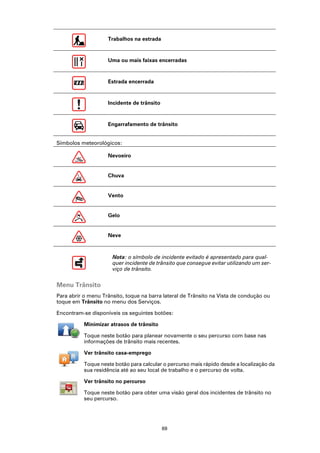 Trabalhos na estrada


                    Uma ou mais faixas encerradas


                    Estrada encerrada


                    Incidente de trânsito


                    Engarrafamento de trânsito


Símbolos meteorológicos:

                    Nevoeiro


                    Chuva


                    Vento


                    Gelo


                    Neve



                      Nota: o símbolo de incidente evitado é apresentado para qual-
                      quer incidente de trânsito que consegue evitar utilizando um ser-
                      viço de trânsito.


Menu Trânsito
Para abrir o menu Trânsito, toque na barra lateral de Trânsito na Vista de condução ou
toque em Trânsito no menu dos Serviços.

Encontram-se disponíveis os seguintes botões:

           Minimizar atrasos de trânsito

           Toque neste botão para planear novamente o seu percurso com base nas
           informações de trânsito mais recentes.

           Ver trânsito casa-emprego

           Toque neste botão para calcular o percurso mais rápido desde a localização da
           sua residência até ao seu local de trabalho e o percurso de volta.

           Ver trânsito no percurso

           Toque neste botão para obter uma visão geral dos incidentes de trânsito no
           seu percurso.




                                            69
 