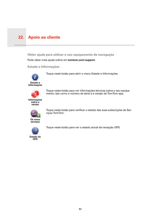 22. Apoio ao cliente


 Apoio
 ao
 cliente   Obter ajuda para utilizar o seu equipamento de navegação
           Pode obter mais ajuda online em tomtom.com/support.

           Estado e Informações

                         Toque neste botão para abrir o menu Estado e Informações


             Estado e
           Informações

                         Toque neste botão para ver informações técnicas sobre o seu equipa-
                         mento, tais como o número de série e a versão da TomTom app.

           Informações
              sobre a
              versão

                         Toque neste botão para verificar o estado das suas subscrições de Ser-
                         viços TomTom.

             Os meus
             serviços

                         Toque neste botão para ver o estado actual da recepção GPS.


            Estado do
               GPS




                                                   82
 