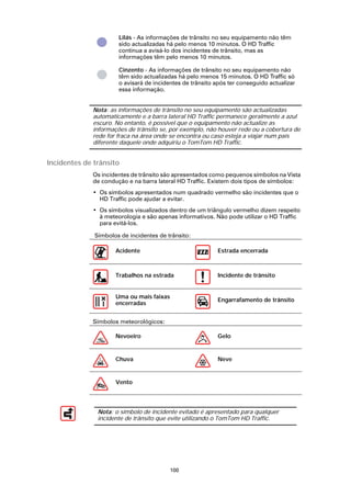 Lilás - As informações de trânsito no seu equipamento não têm
                      sido actualizadas há pelo menos 10 minutos. O HD Traffic
                      continua a avisá-lo dos incidentes de trânsito, mas as
                      informações têm pelo menos 10 minutos.

                      Cinzento - As informações de trânsito no seu equipamento não
                      têm sido actualizadas há pelo menos 15 minutos. O HD Traffic só
                      o avisará de incidentes de trânsito após ter conseguido actualizar
                      essa informação.


             Nota: as informações de trânsito no seu equipamento são actualizadas
             automaticamente e a barra lateral HD Traffic permanece geralmente a azul
             escuro. No entanto, é possível que o equipamento não actualize as
             informações de trânsito se, por exemplo, não houver rede ou a cobertura de
             rede for fraca na área onde se encontra ou caso esteja a viajar num país
             diferente daquele onde adquiriu o TomTom HD Traffic.


Incidentes de trânsito
             Os incidentes de trânsito são apresentados como pequenos símbolos na Vista
             de condução e na barra lateral HD Traffic. Existem dois tipos de símbolos:
             • Os símbolos apresentados num quadrado vermelho são incidentes que o
               HD Traffic pode ajudar a evitar.
             • Os símbolos visualizados dentro de um triângulo vermelho dizem respeito
               à meteorologia e são apenas informativos. Não pode utilizar o HD Traffic
               para evitá-los.

              Símbolos de incidentes de trânsito:

                     Acidente                              Estrada encerrada



                     Trabalhos na estrada                  Incidente de trânsito


                     Uma ou mais faixas
                                                           Engarrafamento de trânsito
                     encerradas


             Símbolos meteorológicos:

                     Nevoeiro                              Gelo


                     Chuva                                 Neve


                     Vento




               Nota: o símbolo de incidente evitado é apresentado para qualquer
               incidente de trânsito que evite utilizando o TomTom HD Traffic.




                                         100
 