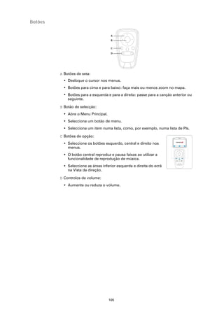 Botões

                                       A
                                       B


                                       C

                                       D




         A Botões de seta:
           • Desloque o cursor nos menus.
           • Botões para cima e para baixo: faça mais ou menos zoom no mapa.
           • Botões para a esquerda e para a direita: passe para a canção anterior ou
             seguinte.

         B Botão de selecção:
           • Abre o Menu Principal.
           • Selecciona um botão de menu.
           • Selecciona um item numa lista, como, por exemplo, numa lista de PIs.

         C Botões de opção:
           • Seleccione os botões esquerdo, central e direito nos
             menus.
           • O botão central reproduz e pausa faixas ao utilizar a
             funcionalidade de reprodução de música.
           • Seleccione as áreas inferior esquerda e direita do ecrã
             na Vista da direção.

         D Controlos de volume:
           • Aumente ou reduza o volume.




                                      105
 