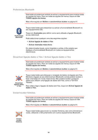 Preferências Bluetooth

                 Este botão só poderá ser exibido se activar o equipamento para mostrar todas
                 as opções de menu. Para ver todas as opções de menus, toque em Ver
                 TODAS opções de menus.

                 Mais informações em Botões e características ocultas na página 51.


                 Toque neste botão para desactivar ou activar a funcionalidade Bluetooth no
                 seu equipamentoi GO.

                 Toque em Avançadas para definir como será utilizada a ligação Bluetooth
 Preferências
                 ao seu telemóvel.
  Bluetooth
                 Pode seleccionar qualquer uma das seguintes opções:
                  • Activar ligação de dados s/ fios
                  • Activar chamadas mãos-livres

                 Em determinados locais, como hospitais e aviões, é-lhe exigido que
                 desligue a funcionalidade Bluetooth em todos os equipamentos
                 electrónicos.


Desactivar ligação dados s/ fios / Activar ligação dados s/ fios

                 Este botão só poderá ser exibido se activar o equipamento para mostrar todas
                 as opções de menu. Para ver todas as opções de menus, toque em Ver
                 TODAS opções de menus.

                 Mais informações em Botões e características ocultas na página 51.


                 Toque neste botão para bloquear a recepção de dados via ligação sem fios.
                 Manterá a ligação ao seu telemóvel por Bluetooth e ainda poderá receber e
                 fazer chamadas em modo mãos-livres. Não poderá receber quaisquer
                 dados que utilizem uma ligação de dados sem fios, como o TomTom
   Desactivar    Trânsito.
 ligação dados
     s/ fios     Para voltar a ligar a ligação de dados sem fios, toque em Activar ligação de
                 dados s/ fios.


Enviar/receber ficheiros

                 Este botão só poderá ser exibido se activar o equipamento para mostrar todas
                 as opções de menu. Para ver todas as opções de menus, toque em Ver
                 TODAS opções de menus.

                 Mais informações em Botões e características ocultas na página 51.


                 Toque neste botão para enviar ou receber ficheiros, tais como itinerários e
                 vozes, utilizando o GO juntamente com outros equipamentos Bluetooth.


    Enviar/
    receber
   ficheiros




                                              66
 