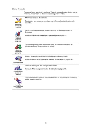 Menu Trânsito
                   Toque na barra lateral de trânsito na Vista de condução para abrir o menu
                   Trânsito. Encontram-se disponíveis os seguintes botões:

                    Minimizar atrasos de trânsito

                    Recalcula o seu percurso com base nas informações de trânsito mais
                    recentes.
  Minimizar
  atrasos de
   trânsito

                    Verifica o trânsito ao longo do seu percurso da Residência para o
                    Emprego.

                    Consulte Facilitar a viagem para o emprego na página 91.
    Mostrar
    trânsito
  residência-
   emprego

                    Toque neste botão para apresentar áreas de congestionamento de
                    trânsito ao longo do seu percurso actual.

    Mostrar
  trânsito no
   percurso

                    Mostra uma visão geral dos incidentes de trânsito no mapa.

                    Consulte Verificar incidentes de trânsito na sua área na página 92.
 Navegar mapa

                    Altera as definições dos serviços de Trânsito.

                    Consulte Alterar as preferências de trânsito na página 90.
 Alterar prefer-
   ências de
    Trânsito

                    Toque neste botão para ler em voz alta todos os incidentes de trânsito ao
                    longo do seu percurso.


     Ler alto
 informação de
     trânsito




                                                95
 