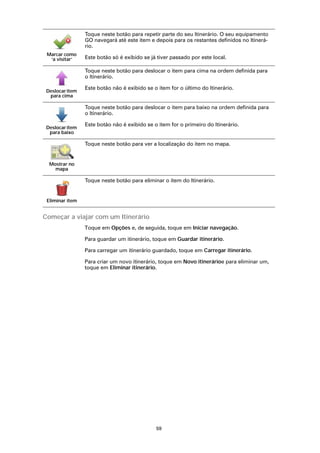 Toque neste botão para repetir parte do seu Itinerário. O seu equipamento
                 GO navegará até este item e depois para os restantes definidos no Itinerá-
                 rio.
 Marcar como
  ‘a visitar’    Este botão só é exibido se já tiver passado por este local.

                 Toque neste botão para deslocar o item para cima na ordem definida para
                 o Itinerário.

                 Este botão não é exibido se o item for o último do Itinerário.
 Deslocar item
  para cima

                 Toque neste botão para deslocar o item para baixo na ordem definida para
                 o Itinerário.

                 Este botão não é exibido se o item for o primeiro do Itinerário.
 Deslocar item
  para baixo

                 Toque neste botão para ver a localização do item no mapa.


  Mostrar no
    mapa

                 Toque neste botão para eliminar o item do Itinerário.


 Eliminar item


Começar a viajar com um Itinerário
                 Toque em Opções e, de seguida, toque em Iniciar navegação.

                 Para guardar um itinerário, toque em Guardar itinerário.

                 Para carregar um itinerário guardado, toque em Carregar itinerário.

                 Para criar um novo itinerário, toque em Novo itinerárioe para eliminar um,
                 toque em Eliminar itinerário.




                                              59
 