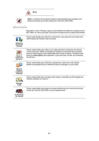 Neve



                 Nota: o símbolo de incidente evitado é apresentado para qualquer inci-
                 dente de trânsito que evite utilizando o TomTom HD Traffic.


Menu Trânsito
                Para abrir o menu Trânsito, toque na barra lateral na Vista de condução ou em
                HD Traffic no menu principal. Encontram-se disponíveis os seguintes botões:

                Toque neste botão para planear novamente o seu percurso com base nas
                informações de trânsito mais recentes.

  Minimizar
  atrasos de
   trânsito

                Toque neste botão para obter uma visão geral dos incidentes de trânsito
                no seu percurso. Utilize os botões da esquerda e da direita do ecrã geral
                para ver informações mais detalhadas sobre cada incidente. Também pode
    Mostrar     tocar em Novo plano para replanear o seu percurso e evitar os incidentes
  trânsito no   de trânsito.
   percurso

                Toque neste botão para calcular e apresentar o percurso mais rápido
                desde a localização da sua residência até ao emprego ou vice-versa.

    Mostrar
    trânsito
  residência-
   emprego

                Toque neste botão para navegar pelo mapa e consultar as informações de
                trânsito exibidas no mesmo.

   Navegar
    mapa

                Toque neste botão para alterar as suas preferências do modo de funciona-
                mento do TomTom HD Traffic no seu equipamento.

 Preferências
  de trânsito




                                            80
 