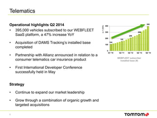 Telematics
5
Operational highlights Q2 2014
• 395,000 vehicles subscribed to our WEBFLEET
SaaS platform, a 47% increase YoY
• Acquisition of DAMS Tracking’s installed base
completed
• Partnership with Allianz announced in relation to a
consumer telematics car insurance product
• First International Developer Conference
successfully held in May
Strategy
• Continue to expand our market leadership
• Grow through a combination of organic growth and
targeted acquisitions
WEBFLEET subscriber
installed base (#)
0
100
200
300
400
Q1 '10 Q2 '11 Q2 '12 Q2 '13 Q2 '14
104
152
209
269
395
(x1,000)
 