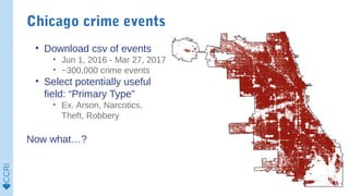 • Download csv of events
• Jun 1, 2016 - Mar 27, 2017
• ~300,000 crime events
• Select potentially useful
field: “Primary ...