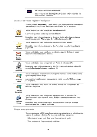 Vai chegar 19 minutos atrasado(a).

                          Se a hora prevista de chegada ultrapassar a hora inserida, ela
                          será exibida a vermelho.


Quais são as outras opções de navegação?
              Quando toca em Navegar até … pode definir o seu destino de várias formas e não
              apenas inserindo a morada. As outras possibilidades são as seguintes:

              Toque neste botão para navegar até à sua Residência.

              É provável que este botão seja o mais utilizado.
 Residência
              Para obter mais informações acerca de como definir a localização da sua
              residência, consulte Alterar local de residência na página 34.

              Toque neste botão para seleccionar um Favorito como destino.

              Para obter mais informações acerca dos Favoritos, consulte Favoritos na
  Favorito    página 19.

              Toque neste botão para escolher o seu destino a partir da lista de locais
              recentemente usados como destino.

  Destino
  recente

              Toque neste botão para navegar até um Ponto de interesse (PI).

              Para obter mais informações acerca dos PIs e de como navegar até um PI,
 Ponto de     consulte Pontos de Interesse na página 23.
 Interesse

              Toque neste botão para seleccionar um ponto no mapa como destino com a
              ajuda da pesquisa no mapa.

 Ponto no     ara mais informações sobre a pesquisa no mapa, consulte Utilizar o mapa
  mapa        na página 17.

              Toque neste botão para inserir um destino através das coordenadas de
              latitude e longitude.

  Latitude
 Longitude

              Toque neste botão para navegar até à posição onde se encontra um
              TomTom Buddy. Não esquecer que o Amigo pode deslocar-se antes de o
              alcançar.
  TomTom
   Buddy      Para obter mais informações acerca da comunidade TomTom Buddies,
              consulte TomTom PLUS na página 47.


Planear antecipamente
              Também pode usar o ONE para planear viagens antecipadamente seleccionando
              o ponto de partida e o destino. Por exemplo, pode fazer o seguinte:
              • Saber quanto tempo pode durar uma viagem antes de partir.
              • Ver o percurso da viagem que está a planear.




                                           10
 