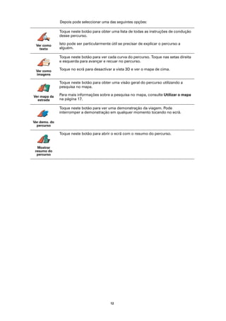 Depois pode seleccionar uma das seguintes opções:

               Toque neste botão para obter uma lista de todas as instruções de condução
               desse percurso.

 Ver como      Isto pode ser particularmente útil se precisar de explicar o percurso a
   texto       alguém.

               Toque neste botão para ver cada curva do percurso. Toque nas setas direita
               e esquerda para avançar e recuar no percurso.

 Ver como      Toque no ecrã para desactivar a vista 3D e ver o mapa de cima.
 imagens

               Toque neste botão para obter uma visão geral do percurso utilizando a
               pesquisa no mapa.

Ver mapa da    Para mais informações sobre a pesquisa no mapa, consulte Utilizar o mapa
  estrada      na página 17.

               Toque neste botão para ver uma demonstração da viagem. Pode
               interromper a demonstração em qualquer momento tocando no ecrã.

Ver demo. do
  percurso

               Toque neste botão para abrir o ecrã com o resumo do percurso.


  Mostrar
 resumo do
  percurso




                                            12
 