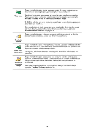 Toque neste botão para alterar o seu percurso, de modo a passar numa
                determinada localização para, por exemplo, ir buscar alguém.

Viajar por...   Escolhe o local onde quer passar tal como faz para escolher um destino.
                Assim, pode fazer a selecção a partir das mesmas opções: por exemplo,
                Morada, Favorito, Ponto de Interesse e Ponto no mapa.

                O ONE irá calcular um novo percurso para chegar ao seu destino, passando
                pelo local que escolheu.

                Com este botão, só pode passar por uma localização. Se pretender passar
                por mais de uma, use um Itinerário. Para mais informações, consulte
                Planeamento de itinerário na página 28.

                Toque neste botão para voltar ao percurso original sem ter de se desviar
                dos cortes de estrada ou passar por determinados locais.

Recalcular
 original

                Toque neste botão para evitar parte do percurso. Use este botão se detectar
                que o percurso inclui uma estrada ou entroncamento que não gosta ou que
                é conhecido pelos problemas de trânsito.
Evitar parte
do percurso     De seguida, escolha a estrada a evitar a partir da lista de estradas no seu
                percurso.

                Toque neste botão para recalcular o seu percurso e evitar, tanto quanto
                possível, problemas de trânsito. O ONE verificará se existem problemas de
                trânsito no seu percurso e planeará o melhor percurso para evitar os
Minimizar       problemas.
atrasos de
  tráfego       Para mais informações sobre a utilização do serviço TomTom Tráfego,
                consulte TomTom Tráfego na página 44.




                                              16
 
