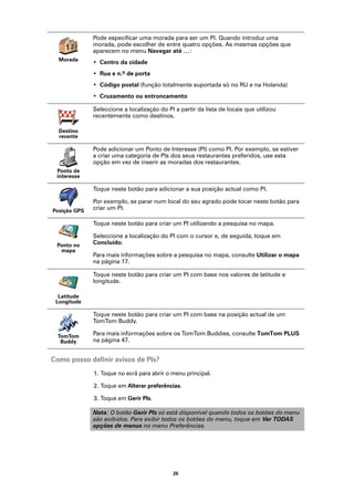 Pode especificar uma morada para ser um PI. Quando introduz uma
              morada, pode escolher de entre quatro opções. As mesmas opções que
              aparecem no menu Navegar até …:
  Morada
              • Centro da cidade
              • Rua e n.º de porta
              • Código postal (função totalmente suportada só no RU e na Holanda)
              • Cruzamento ou entroncamento

              Seleccione a localização do PI a partir da lista de locais que utilizou
              recentemente como destinos.

  Destino
  recente

              Pode adicionar um Ponto de Interesse (PI) como PI. Por exemplo, se estiver
              a criar uma categoria de PIs dos seus restaurantes preferidos, use esta
              opção em vez de inserir as moradas dos restaurantes.
 Ponto de
 interesse

              Toque neste botão para adicionar a sua posição actual como PI.

              Por exemplo, se parar num local do seu agrado pode tocar neste botão para
Posição GPS   criar um PI.

              Toque neste botão para criar um PI utilizando a pesquisa no mapa.

              Seleccione a localização do PI com o cursor e, de seguida, toque em
 Ponto no     Concluído.
  mapa
              Para mais informações sobre a pesquisa no mapa, consulte Utilizar o mapa
              na página 17.

              Toque neste botão para criar um PI com base nos valores de latitude e
              longitude.

  Latitude
 Longitude

              Toque neste botão para criar um PI com base na posição actual de um
              TomTom Buddy.

  TomTom      Para mais informações sobre os TomTom Buddies, consulte TomTom PLUS
   Buddy      na página 47.


Como posso definir avisos de PIs?
              1. Toque no ecrã para abrir o menu principal.

              2. Toque em Alterar preferências.

              3. Toque em Gerir PIs.

              Nota: O botão Gerir PIs só está disponível quando todos os botões do menu
              são exibidos. Para exibir todos os botões do menu, toque em Ver TODAS
              opções de menus no menu Preferências.




                                             26
 
