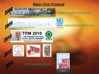 6
Major Civic Projects
www.wearenotbroke.org
www.nogameschicago.com
www.civiclab.us
www.wesavedlincolnpark.org
 