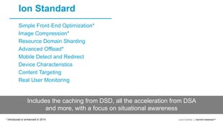 ©2015 AKAMAI | FASTER FORWARDTM
Simple Front-End Optimization*
Image Compression*
Resource Domain Sharding
Advanced Offload*
Mobile Detect and Redirect
Device Characteristics
Content Targeting
Real User Monitoring
* Introduced or enhanced in 2014
Ion Standard
Includes the caching from DSD, all the acceleration from DSA
and more, with a focus on situational awareness
 