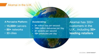 ©2015 AKAMAI | FASTER FORWARDTM
Avoid data theft and downtime by extending the
security perimeter outside the data-center and
protect from increasing frequency, scale and
sophistication of web attacks.
A Pervasive Platform:
• 15,000+ servers
• 80+ networks
• 33 cities
Accelerating:
• 3+ million hits per second
• 150+ billion deliveries per day
• 2+ terabits per second
• 10+ petabytes per day
Akamai has 300+
customers in the
U.K., including 50+
leading retailers
Akamai in the U.K.
 
