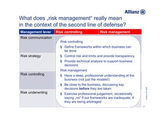 What does „risk management“ really mean
in the context of the second line of defense?
Management lever     Risk controlling            Risk management
Risk communication
                       Risk controlling
                       § Define frameworks within which business can
                         be done
Risk strategy          § Control risk and limits and provide transparency
                       § Provide technical analysis to support business
                         decisions
                       Risk management
Risk controlling       § Have a deep, professional understanding of the
                         business (not just the models!)
                       § Be close to the business, discussing key




                                                                                 © Allianz SE 2009
                         decisions before they are taken
Risk underwriting      § Exercise professional judgement, occasionally
                         saying „no“ if our frameworks are inadequate, if
                         they are being arbitraged
                                                                            21
 