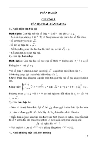 PHẦN ĐẠI SỐ
CHƯƠNG I
CĂN BẬC HAI - CĂN BẬC BA
1). Khái niệm căn bậc hai
Định nghĩa: Căn bậc hai của số thực a là số x sao ...