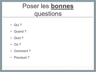 Poser les bonnes questionsQui ?Quand ?Quoi ?Où ?Comment ?Pourquoi ?