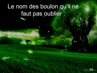 Le nom des boulon qu’il ne faut pas oublier : 