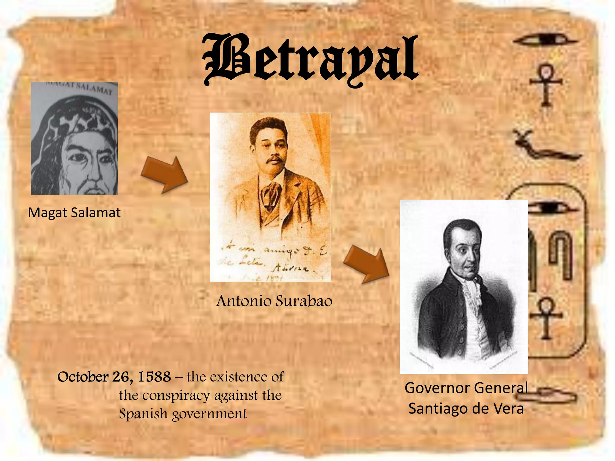 Betrayal
Antonio Surabao
Governor General
Santiago de Vera
Magat Salamat
October 26, 1588 – the existence of
the conspiracy against the
Spanish government