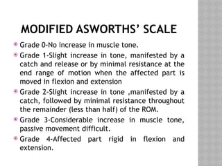 MODIFIED ASWORTHS’ SCALE
 Grade 0-No increase in muscle tone.
 Grade 1-Slight increase in tone, manifested by a
catch and release or by minimal resistance at the
end range of motion when the affected part is
moved in flexion and extension
 Grade 2-Slight increase in tone ,manifested by a
catch, followed by minimal resistance throughout
the remainder (less than half) of the ROM.
 Grade 3-Considerable increase in muscle tone,
passive movement difficult.
 Grade 4-Affected part rigid in flexion and
extension.
 