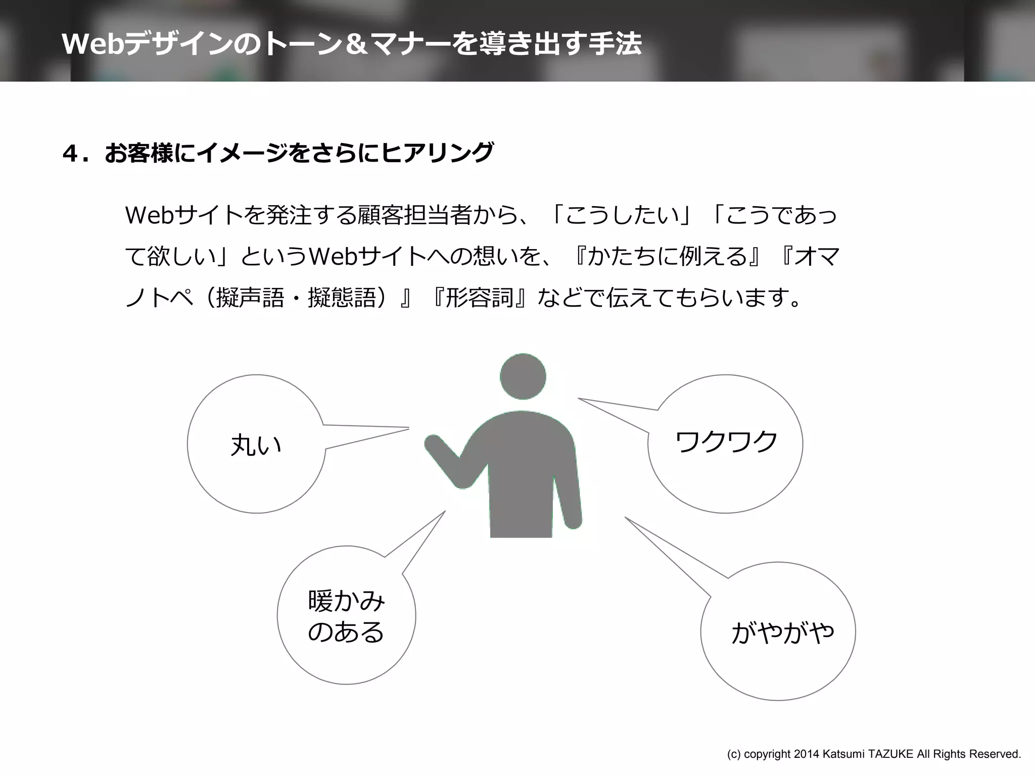 ４．お客様にイメージをさらにヒアリング
Webサイトを発注する顧客担当者から、「こうしたい」「こうであっ
て欲しい」というWebサイトへの想いを、『かたちに例える』『オマ
ノトペ（擬声語・擬態語）』『形容詞』などで伝えてもらいます。
丸い
がやがや
暖かみ
のある
ワクワク
Webデザインのトーン＆マナーを導き出す手法
(c) copyright 2014 Katsumi TAZUKE All Rights Reserved.
 