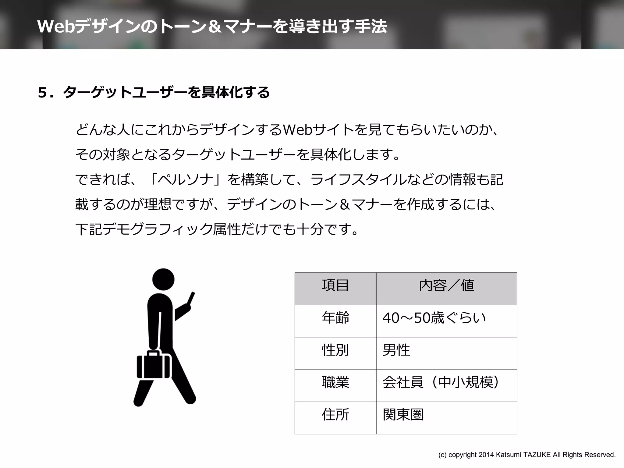 ５．ターゲットユーザーを具体化する
どんな人にこれからデザインするWebサイトを見てもらいたいのか、
その対象となるターゲットユーザーを具体化します。
できれば、「ペルソナ」を構築して、ライフスタイルなどの情報も記
載するのが理想ですが、デザインのトーン＆マナーを作成するには、
下記デモグラフィック属性だけでも十分です。
項目 内容／値
年齢 40～50歳ぐらい
性別 男性
職業 会社員（中小規模）
住所 関東圏
Webデザインのトーン＆マナーを導き出す手法
(c) copyright 2014 Katsumi TAZUKE All Rights Reserved.
 