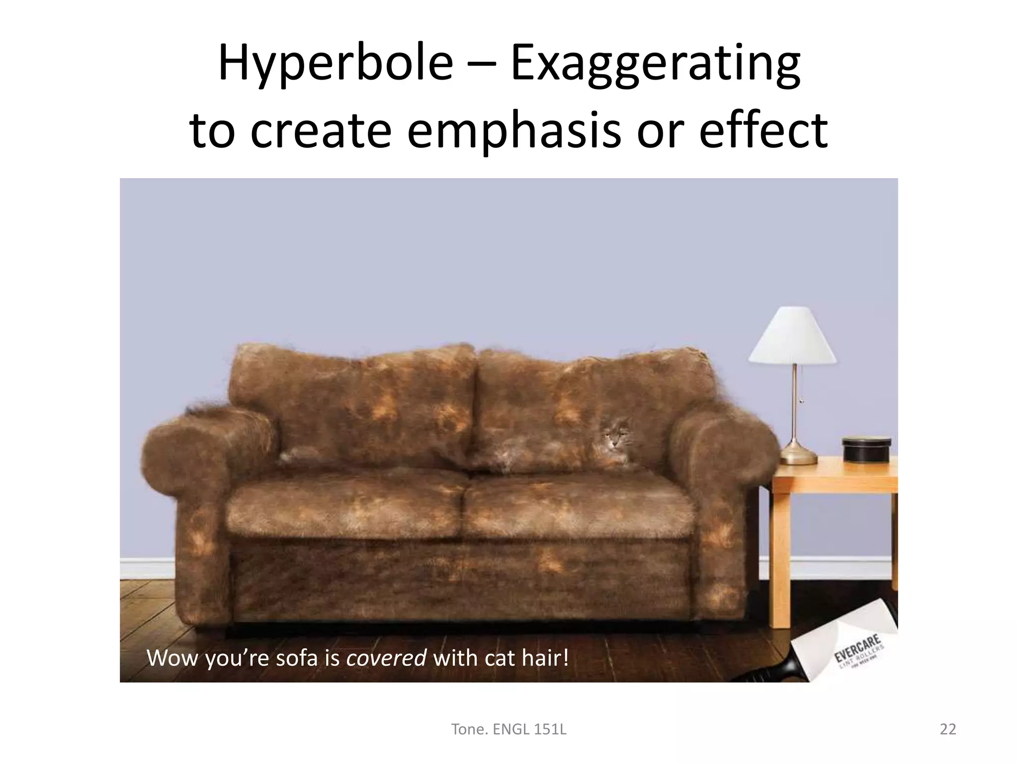 Hyperbole – Exaggerating
to create emphasis or effect
Tone. ENGL 151L 22
Wow you’re sofa is covered with cat hair!
 