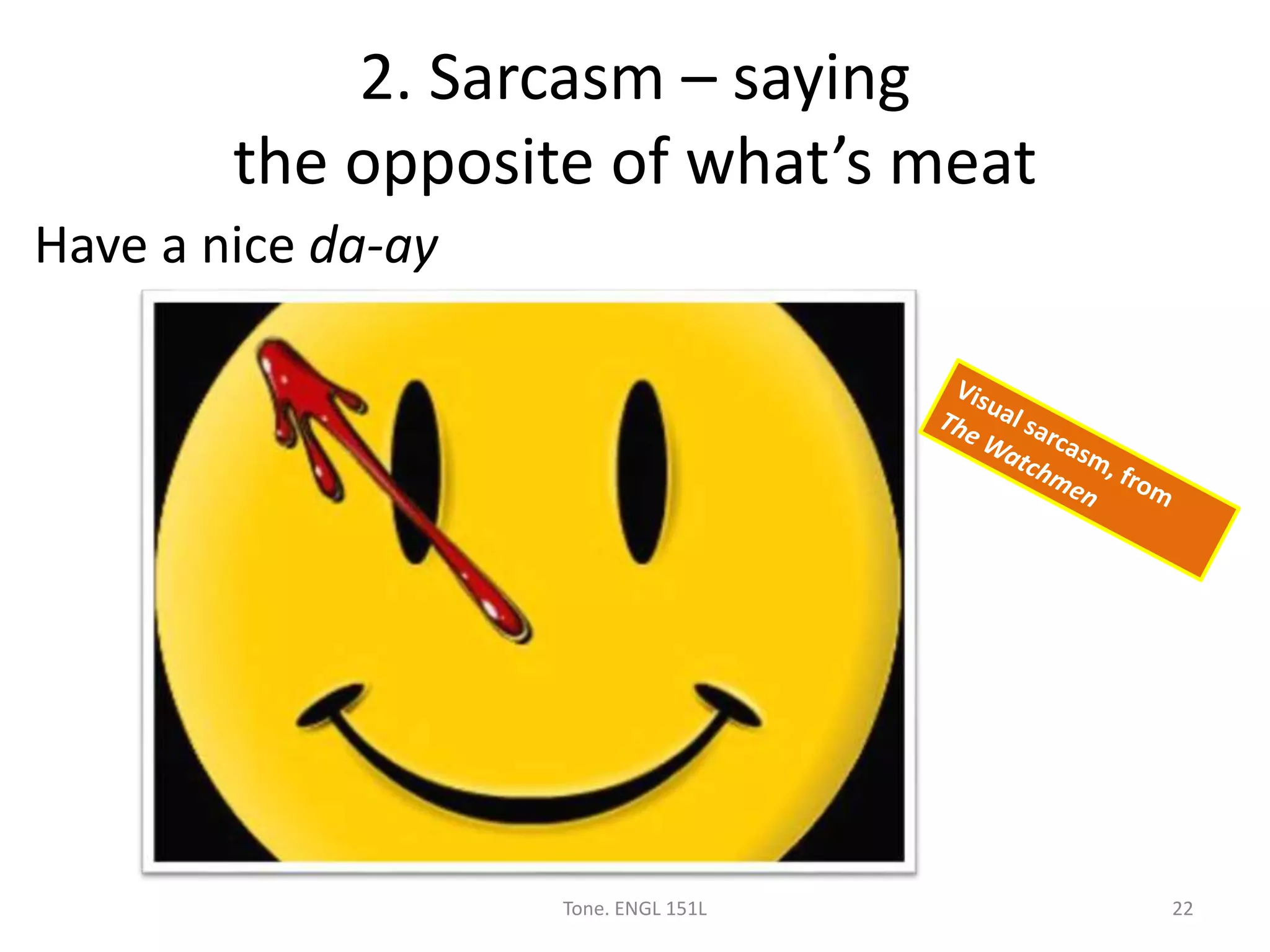 2. Sarcasm – saying
the opposite of what’s meat
Have a nice da-ay
Tone. ENGL 151L 22
 