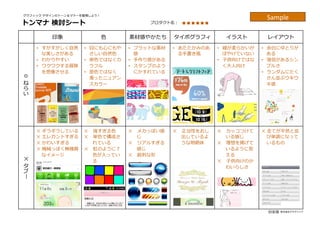 トンマナ  検討シート
グラフィック  デザインのトーン＆マナーを整理理しよう！
印象 ⾊色 素材感やかたち タイポグラフィ イラスト レイアウト
◎
  
ね
ら
い
•  すがすがしく⾃自然
な美しさがある
•  わかりやすい
•  ワクワクする冒険
を想像させる
•  ⽬目にも⼼心にもや
さしい⾃自然⾊色
•  単⾊色ではなくカ
ラフル
•  原⾊色ではなく
濁ったニュアン
スカラー
•  フラットな素材
感
•  ⼿手作り感がある
•  スタンプのよう
にかすれている
•  あたたかみのあ
る⼿手書き⾵風
•  線が柔らかいが
ぼやけていない
•  ⼦子供向けではな
く⼤大⼈人向け
•  余⽩白にゆとりが
ある
•  強弱があるシン
プルさ
•  ランダムにたく
さん並ぶウキウ
キ感
✕
  
タ
ブ
ー  
✕  ギラギラしている
✕  エレガントすぎる
✕  かわいすぎる
✕  機械っぽく無機質
なイメージ
✕  強すぎる⾊色
✕  単⾊色で構成さ
れている
✕  虹のように７
⾊色が⼊入ってい
る
✕  メカっぽい感
じ
✕  リアルすぎる
感じ
✕  鋭利利な形
✕  正当性をおし
出しているよ
うな明朝体
✕  カッコつけて
いる感じ
✕  理理想を掲げて
いるように⾒見見
える
✕  ⼦子供向けのか
わいらしさ
✕  全てが平然と並
び単調になって
いるもの
株式会社グラグリッド
プロダクト名： ■■■■■■
Sample	
 