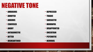 NEGATIVE TONE
- AMBIGOUS
- ANNOYED
- ANXIOUS
- CONFUSED
- ANGRY
- ANTAGONISTIC
- BITTER
- DISHEARTENED
- DEPRESSED
- TRAGIC
- SARCASTIC
- MOURNFUL
- DISAPPOINTED
- UNCERTAIN
- PSYCHOTIC
- NERVOUS
 