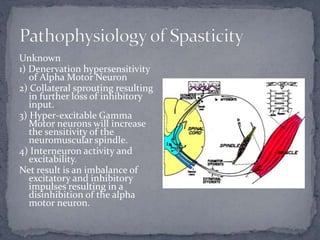 Unknown
1) Denervation hypersensitivity
of Alpha Motor Neuron
2) Collateral sprouting resulting
in further loss of inhibitory
input.
3) Hyper-excitable Gamma
Motor neurons will increase
the sensitivity of the
neuromuscular spindle.
4) Interneuron activity and
excitability.
Net result is an imbalance of
excitatory and inhibitory
impulses resulting in a
disinhibition of the alpha
motor neuron.
 