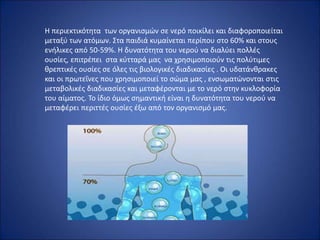 Η περιεκτικότητα των οργανισμών σε νερό ποικίλει και διαφοροποιείται
μεταξύ των ατόμων. Στα παιδιά κυμαίνεται περίπου στο 60% και στους
ενήλικες από 50-59%. Η δυνατότητα του νερού να διαλύει πολλές
ουσίες, επιτρέπει στα κύτταρά μας να χρησιμοποιούν τις πολύτιμες
θρεπτικές ουσίες σε όλες τις βιολογικές διαδικασίες . Οι υδατάνθρακες
και οι πρωτεΐνες που χρησιμοποιεί το σώμα μας , ενσωματώνονται στις
μεταβολικές διαδικασίες και μεταφέρονται με το νερό στην κυκλοφορία
του αίματος. Το ίδιο όμως σημαντική είναι η δυνατότητα του νερού να
μεταφέρει περιττές ουσίες έξω από τον οργανισμό μας.
 