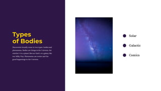 Discoveries broadly come in two types: bodies and
phenomena. Bodies are things in the Universe, the
whether it is a planet like our Earth or a galaxy like
our Milky Way. Phenomena are events and the
good happenings in the Universe.
Types
of Bodies
Solar
Galactic
Comics
 