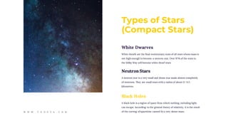 Types of Stars
(Compact Stars)
White Dwarves
White dwarfs are the final evolutionary state of all stars whose mass is
not high enough to become a neutron star. Over 97% of the stars in
the Milky Way will become white dwarf stars
Neutron Stars
A neutron star is a very small and dense star made almost completely
of neutrons. They are small stars with a radius of about 11–11.5
kilometres.
Black Holes
A black hole is a region of space from which nothing, including light,
can escape. According to the general theory of relativity, it is the result
of the curving of spacetime caused by a very dense mass.W W W . T O N E V A . C O M
 