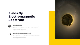 Fields By
Electromagnetic
Spectrum
Magnetohydrodynamics (MHD)
Hydrodynamics is used in astronomy for the Mathematic
modelling how gases behave.
Radio Astronomy
Radio astronomy is astronomy which studies celestial
objects at radio frequencies.
 